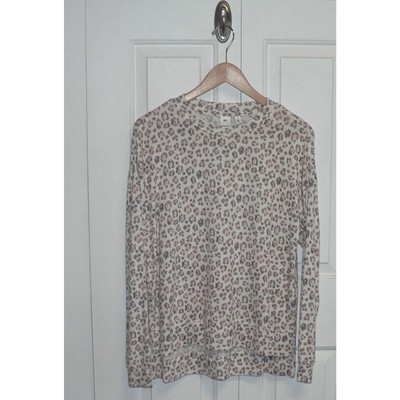 BP Womens Comfy Long Sleeve Crewneck Sleep Lounge Top Ivory Egret Leopard SM $39-image