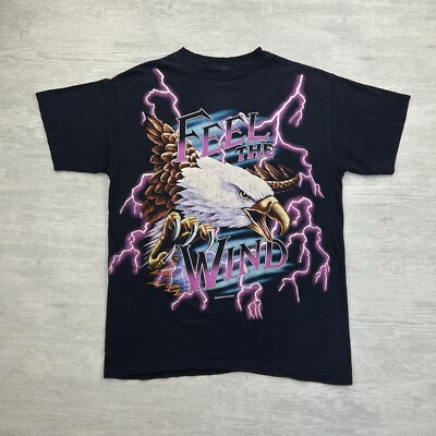 Vintage USA Thunder Shirt Mens Large Black Eagle Feel The Wind Purple Lightning-image