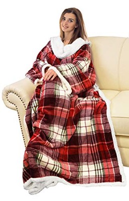 Catalonia Buffalo Plaid Sherpa Wearable Blanket with Sleeves Arms, Super Soft-image