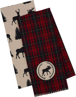 Design Imports Moose Woods Dish Towel Set of 2 Small, Blue and White Plaid -image