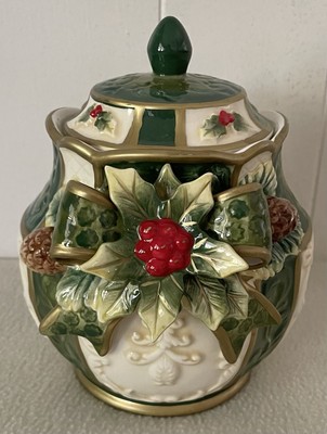 Raz Imports Ceramic Holiday Jar With Lid Green White Red Holly Bush Design-image