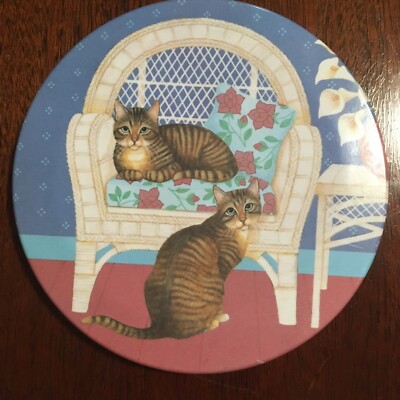 Design Imports RI 8” Trivet Italy Brown Tabby Cats Wicker Chair Melamine-image