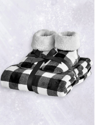 NWT ALCOVE Plush Throw and Bootie Set Size L/XL (9-10) Black White Plaid 50x60