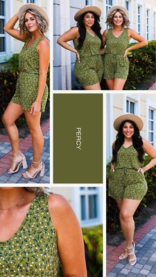 Beautiful Olive green floral romper with pockets so cozy on-image