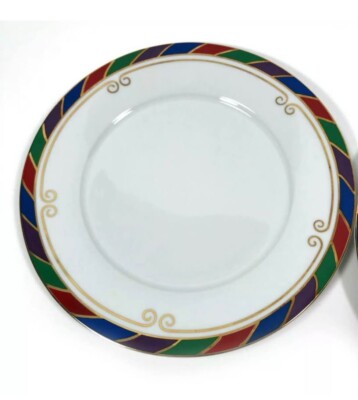 Set Of 4 Pier 1 Celebration Dinner Plates Colorful Gold Scrolls & Trim-image