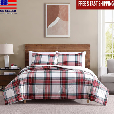 3-Piece Adult Full/Queen Size Red Tartan Plaid Flannel/Sherpa Comforter Set-image