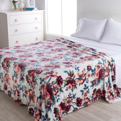 Warm & Cozy Plush Blanket and Plush Sheet Set, Floral and White, King-image