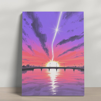 Colorful Travel Landscape Canvas Sunset Over Water Bridge & Trees Wall Art-image