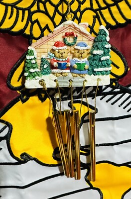 Vintage Metal Wind Chimes Caroling Bears Christmas Ornament Small Brass 10