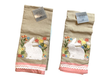 Design Imports Easter Bunny Dishtowels (2) Spring Meadow Embellished  18” X 28”-image
