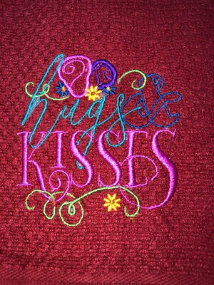Embroidered Red Kitchen Hand Towel Hugs and Kisses w Flowers BS2711-image