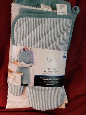 MAINSTAYS 4 PIECE KITCHEN ACCESSORY SET BLUE  APRON TOWEL MIT & POTHOLDER NEW -image