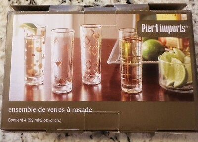 Vintage Pier One Gold Design NIB SHOT Glasses, Set of 4 Shot Glasses, Entertaini-image