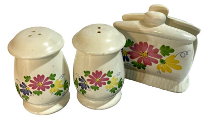 Salt Pepper & NAPKIN HOLDER SET Ceramic Flower Design Pink Yellow Blue-image