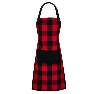 Buffalo Check Apron Adjustable Kitchen Chef Bib with Pockets Red & Black-image