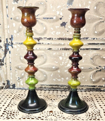 Pair of Pier 1 Imports Painted Metal Color Stack Candlestick Holders Moroccan-image
