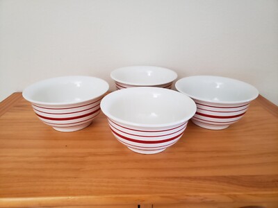 Set of 4 Mainstays Collection White Red Strips Stoneware Soup Cereal Bowls 6