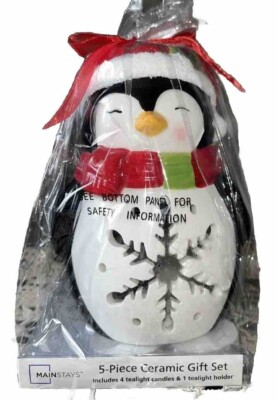 Ceramic Christmas Penguin Tea Light Holder With 4 Candles Excellent.-image
