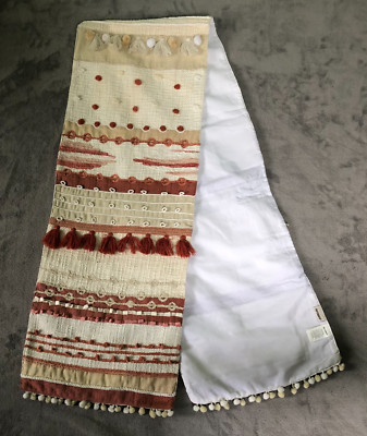 Pier 1 Imports Table Runner BOHO White Tan Rust Ball Fringe 72 x 13 in India-image