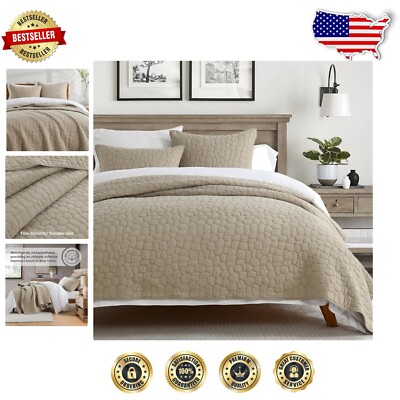 Stylish Dark Beige 100% Cotton Quilt Set Twin - Cobblestone Pattern Cozy Comfort-image