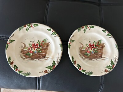 Pier 1 Winter Wonders Christmas Sleigh Gifts Holly Salad Plates 8.75” Retired-image