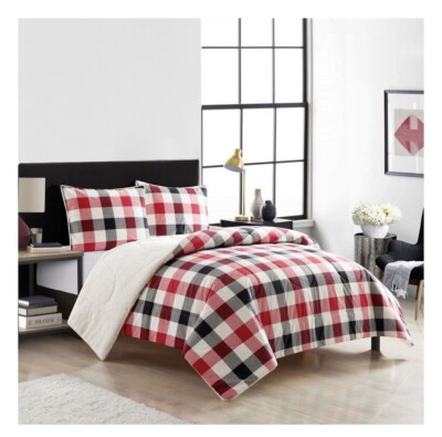 Mainstays KING Reverse to Sherpa Flannel 3 piece Comforter Set • Red/Black Plaid-image