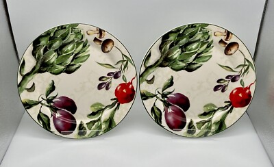 Pier 1 Imports Fresco set of 2 Dinner Plates Mushrooms Vegetables Design 10 3/4