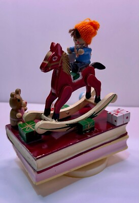 Vintage 1980's Christmas Rocking Horse with Teddy Bear Wind Up Music box-image