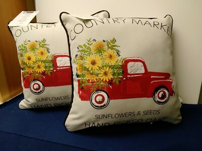 Outdoor Throw Pillows Ivory w/ Red Pick Up Polyester 16X16X5 Inches Set Of 2-image