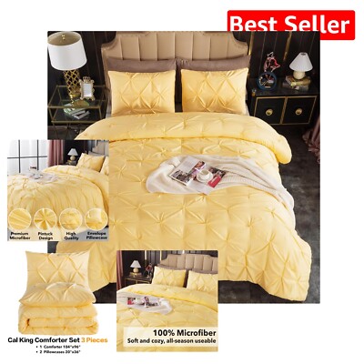 Luxury California King Pinch Pleat Comforter Set in Elegant Yellow - 3 Pieces-image