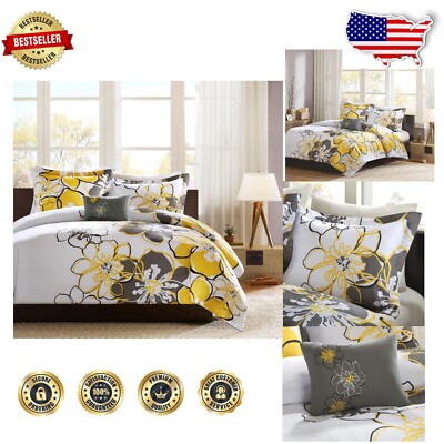 Cozy Yellow & Grey Floral Twin Comforter Set - Machine Washable for Easy Care-image