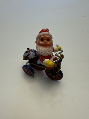 Vintage Christmas Santa Claus On Tricycle Wind Up Tin Metal Toy Bike-image
