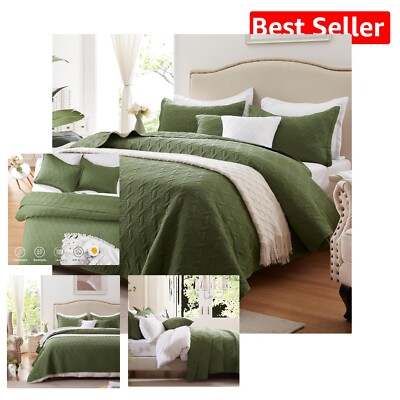 Machine Washable Olive Green Full/Queen Quilt Set - Cozy Microfiber Comfort-image