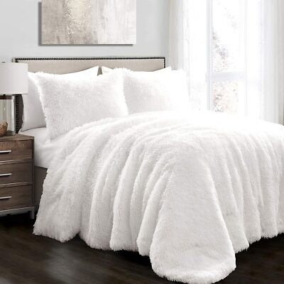 Solid White Plush Faux Fur Fluffy 3pc Comforter Set Full Queen King Bedding Soft-image