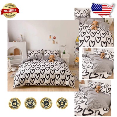 Cotton Twin Heart Shaped Comforter Set - 3-Piece Black and White Design-image