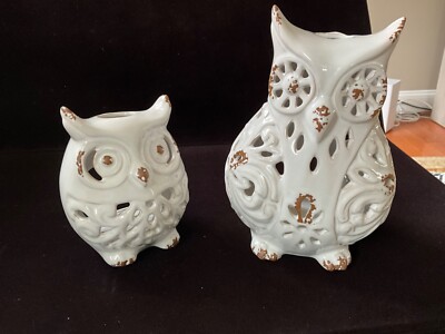 2 White Owl Tealight Candle Holders Ceramic Pierced Mom Baby-image