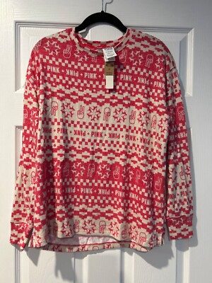 NWT VS/Pink SMall Cozy Long Sleeve Sleep Shirt Relaxed Fit Soft Fabric Crew Neck-image