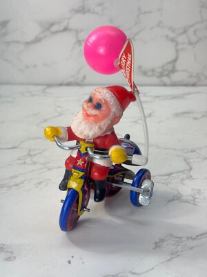 Vintage Christmas Santa Claus On Tricycle Wind Up Tin Metal Toy Bike Korea Works-image