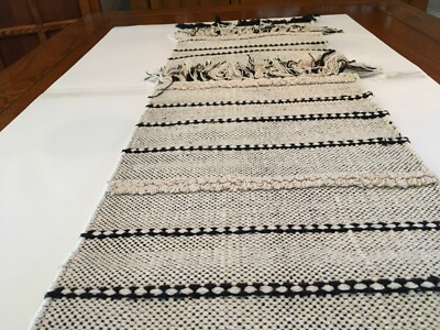 Pier 1 Woven Table Runner with Fringe 78x14 natural white & black-image