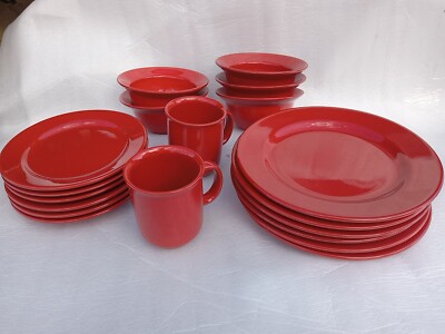 19 Pcs. Set Pier 1 IMPORTS RED Bowls  DINNER PLATES SPAIN...NEW!!..earthenware-image