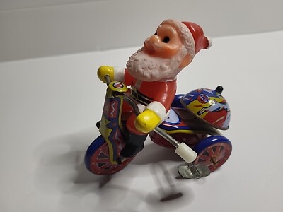 VTG Christmas Santa Claus On Tricycle Wind Up Tin Toy Bike Korea MTU Working-image