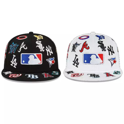NEW 2024 MLB Teams Patch Logos All-Over Black/White 59FlFTY Fitted Cap-5950 Hat-image