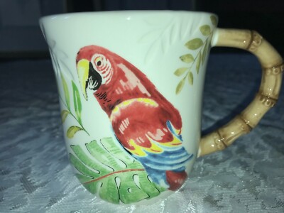 Rare PIER 1 Imports PARROT Macaw EMBOSS Leaves BAMBOO HANDLE 14oz MUG Cup 4