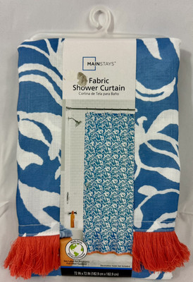 Mainstays Blue White Floral & Orange Fringe Fabric Shower Curtain 72” x 72”-image