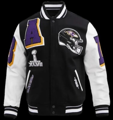 New Mens Baltimore Ravens Mashup Rib Black & White Varsity Wool Letterman Jacket-image