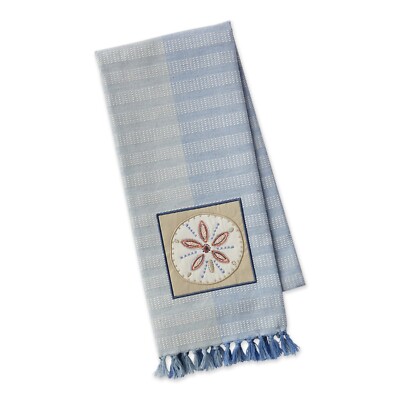 Beach Themed Cotton Kitchen Dish Towel - Sand Dollar Embellished Blue & Grey NEW-image