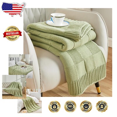 Cozy Sage Green Checkered Knit Throw Blanket - 60
