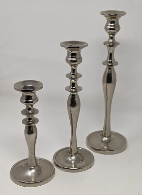 Pier One Imports Three  Graduated Tapered Shiny Silver Candle Holders -image