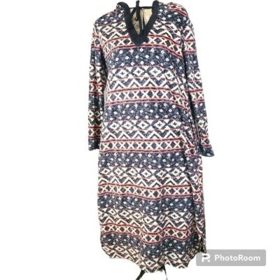 Anne Klein Size Medium Gray Pink Nordic Hooded Pullover Fleece Long Robe NWT-image