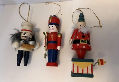 Vintage Lot Of 3 Mini Wood Ornaments-Baker,soldier ,wind-up Toy- Very Detailed-image